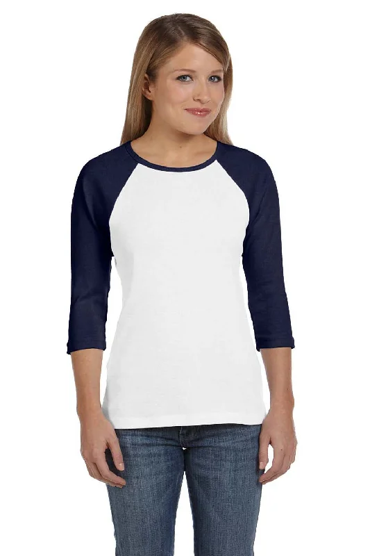 everyday tops for women -Bella + Canvas Womens 3/4 Sleeve Crewneck T-Shirt - White/Navy Blue