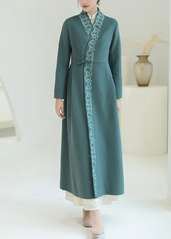 cozy fleece jackets for women -Beautiful Green Embroideried Chinese Button Woolen Trench Coats Winter