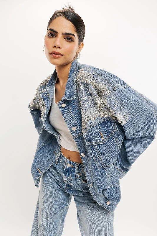 cozy cardigans for women -70's Lace Top Denim Jacket