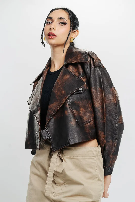 sporty jackets for women -Acid Wash Biker Jacket