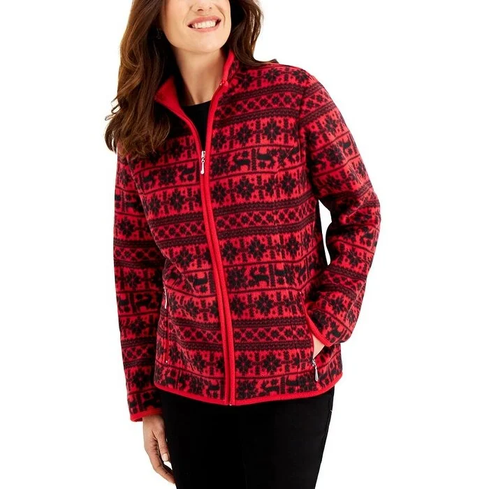 cozy cardigans for women -Karen Scott Women's Petite Fair Fleece Isle Zippered Jacket Bright Red Size Petite