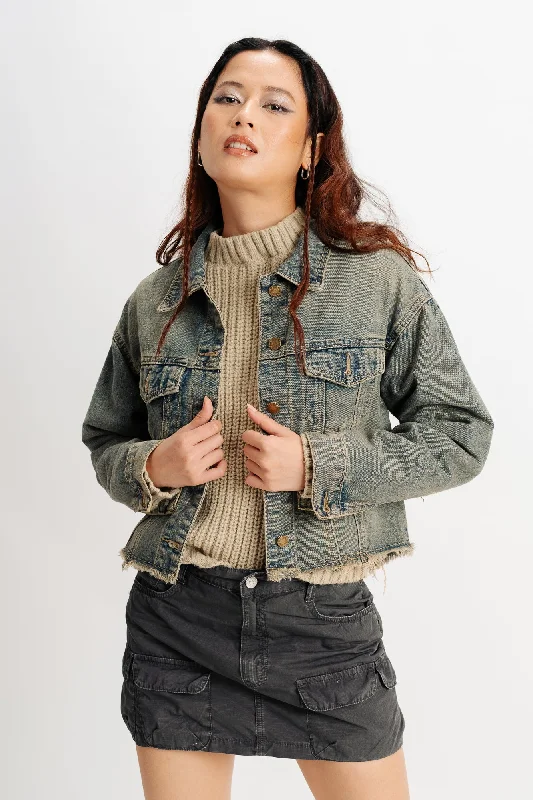 elegant pea coats for women -Vintage Frayed Denim Jacket