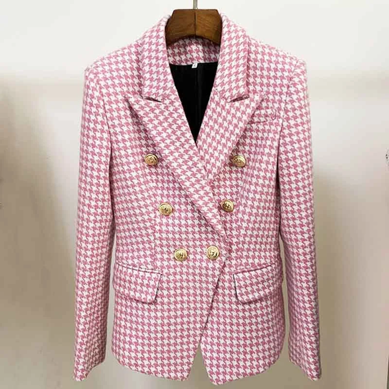 puffer coats for winter -Women's Pink White Tweed Houndstooth Luxury Fitted Double Breasted Blazer Coat