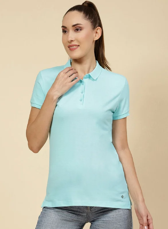 sleeveless blouses for work -Women Aqua Blue Solid T-Shirt