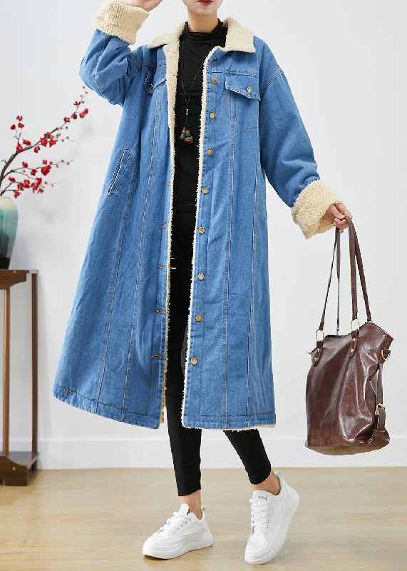 sleek leather jackets for women -Bohemian Blue Oversized Thick Fleece Wool Lined Denim Trench Coats Winter