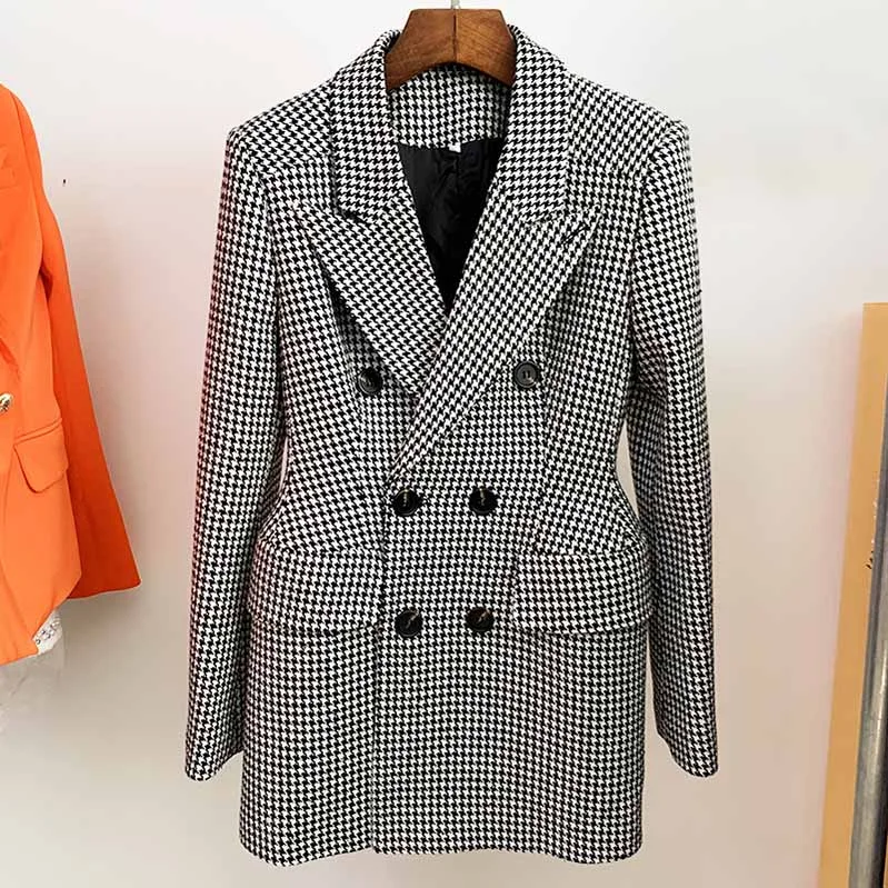 ladies' chic pea coats -Middle Length Double Breasted Wollen Blend Houndstooth Tweed Blazer