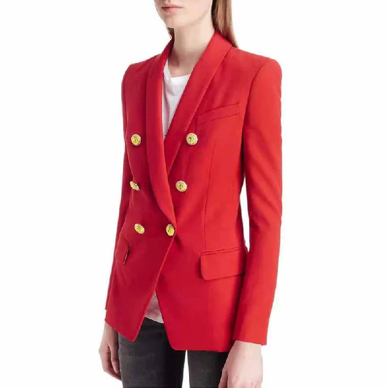 stylish rain jackets for women -Womens Double Breasted Blazer V-Neck Long Sleeve Gold Buttons Blazer