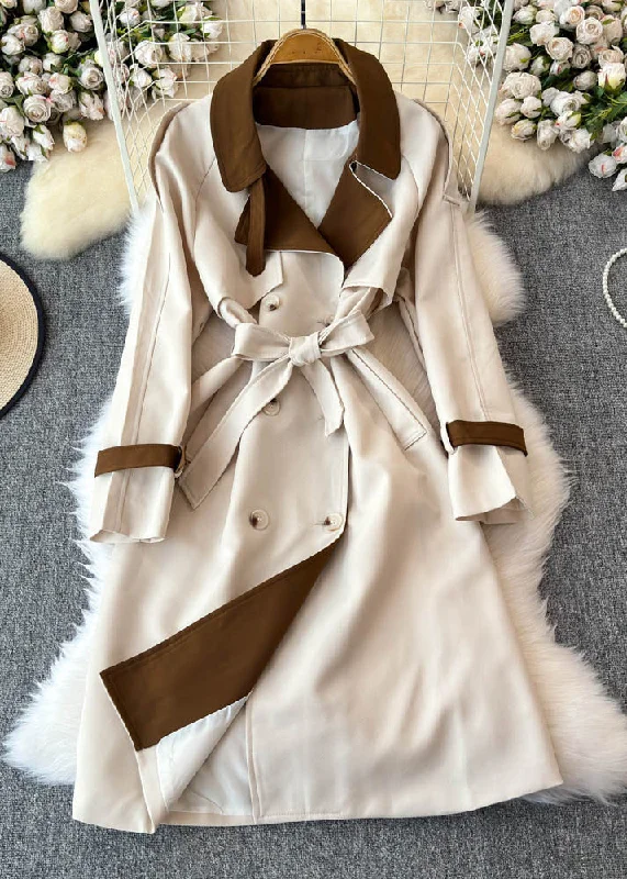 fleece-lined parkas for women -Boho Beige Notched Pockets Button Tie Waist Long Trench Coats Spring