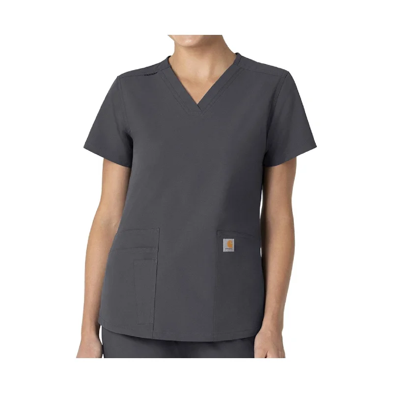 women's wrap tops -Carhartt Women's Force V Neck 5 Pocket Scrub Top - Pewter