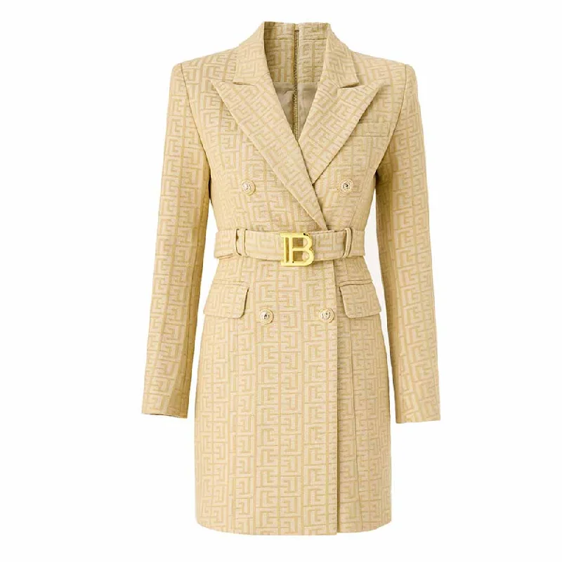 women's short fur coats -Womens' Double Breasted Blazer Gold Buttons Blazer Dress With Belt