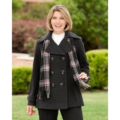 reversible jackets for women -London Fog Double-Breasted Peacoat With Scarf Charcoal 2-Extra Large