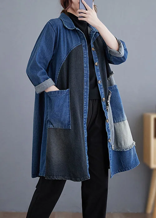 plus size winter coats for women -Vintage Blue Button Pockets Patchwork Denim Trench Coat Fall