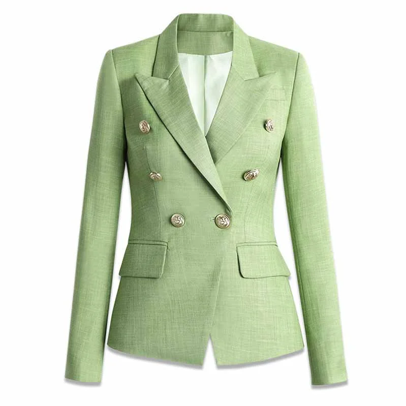 women's velvet jackets -Women's Sage Green Textured Luxury Fitted Double Breasted Blazer with Lion Buttons - SLIM FIT