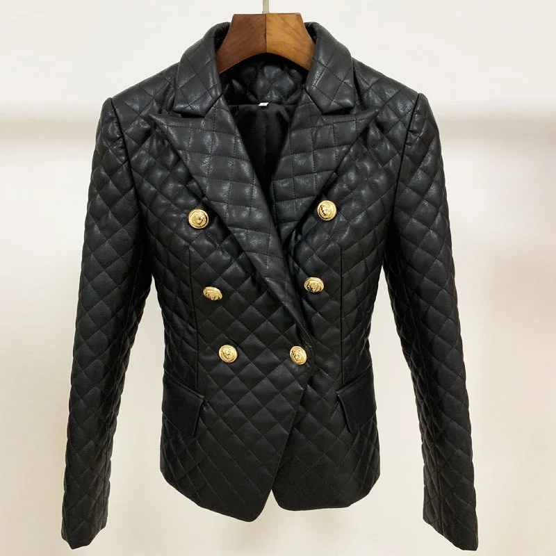 women's belted trench coats -Women Slim-fit PU Leather Jacket Double Breasted Blazer In Black