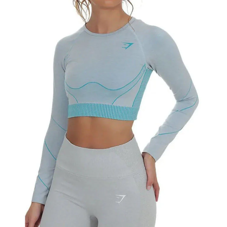 boho style tops for women -Gymshark Hyper Amplify Seamless Womens Long Sleeve Crop Top - Blue