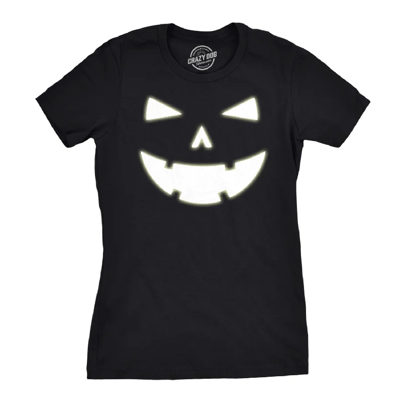 women's halter tops -Womens Happy Tooth Glow in the Dark Pumpkin T Shirt Face Halloween Tee For Ladies