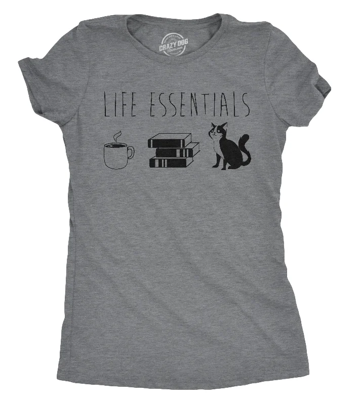 women's wrap tops -Womens Life Essentials T shirt Funny Coffee Cat Mom Lover Cute Graphic Ladies