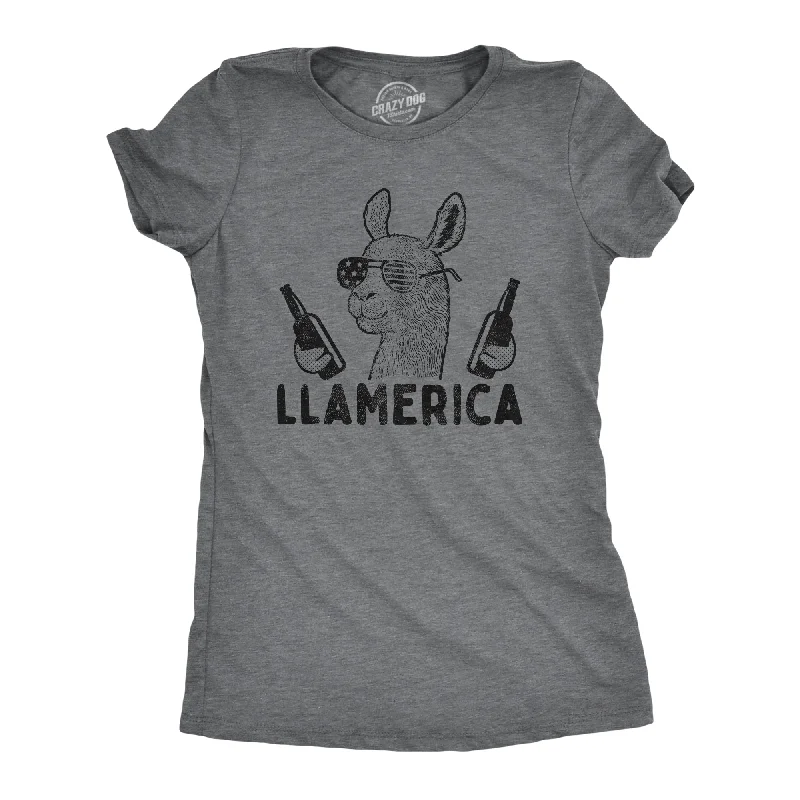 women's pleated tops -Womens Llamerica Tshirt Funny 4th Of July Patriotic Beer Drinking Llama Graphic Novelty Party Tee