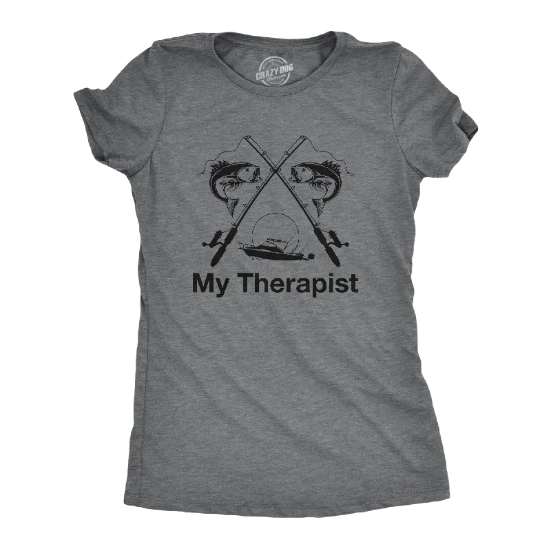 sleeveless tops for women -Womens My Therapist Fishing T shirt Funny Angler Fishing Pole Graphic Novelty