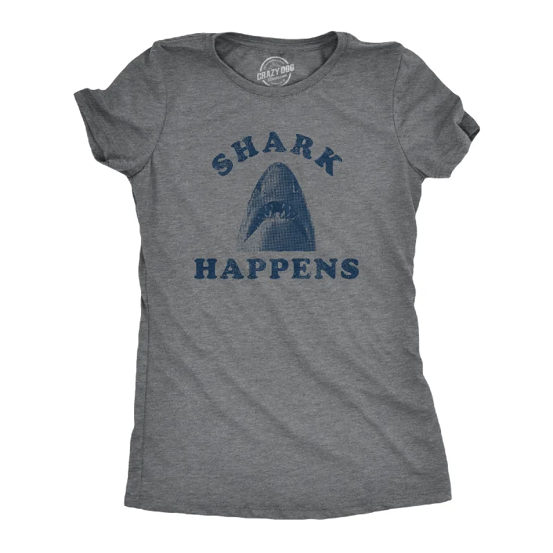 women's halter tops -Womens Shark Happens Tshirt Funny Vacation Great White Shit Happens Funny Saying Tee