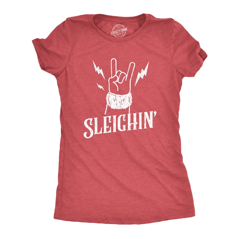 lace-up tops for women -Womens Sleighin Tshirt Funny Santa Claus Christmas Rock And Roll Metal Fingers Graphic Tee