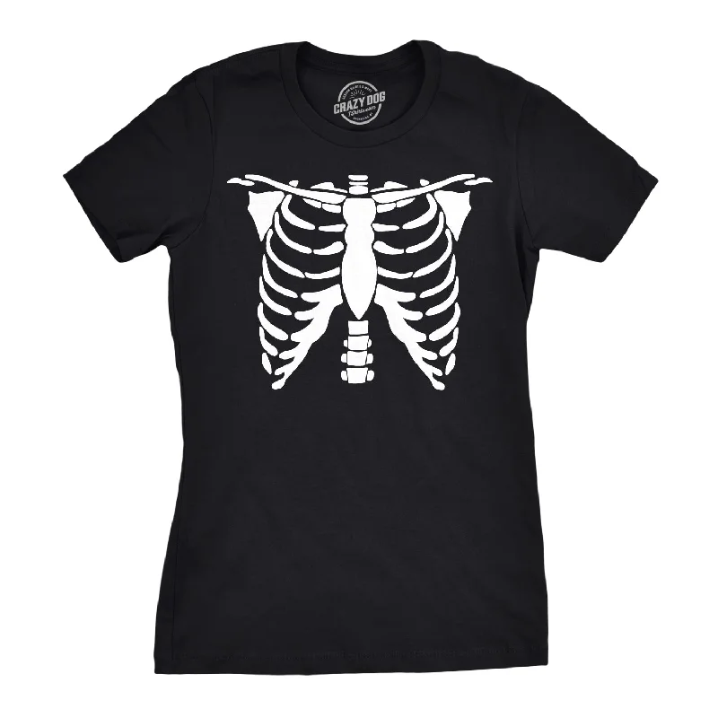 stretchable tops for women -Womens White Skeleton Rib Cage Tshirt Bones Costume Halloween Tee