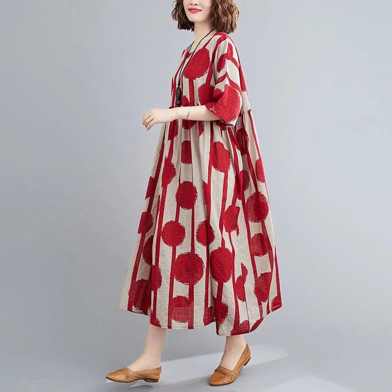 tiered dresses for women -Babakud Plus Size Summer Polka-Dot Printed O-Collar Dress