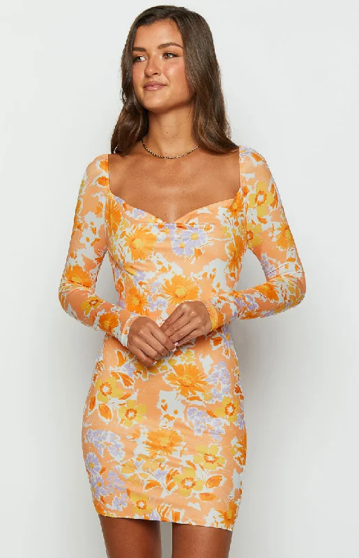 romantic dresses for women -Ashi Orange Floral Long Sleeve Mini Dress