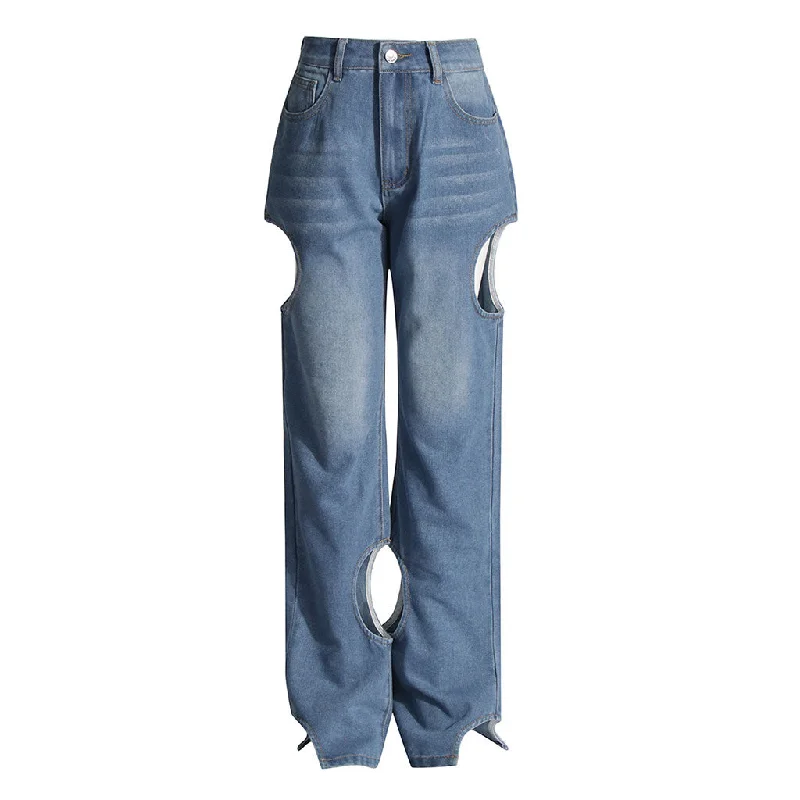 casual pants for women -Asymmetric Cut Out Whisker High Waist Straight Leg Washed Denim Jeans