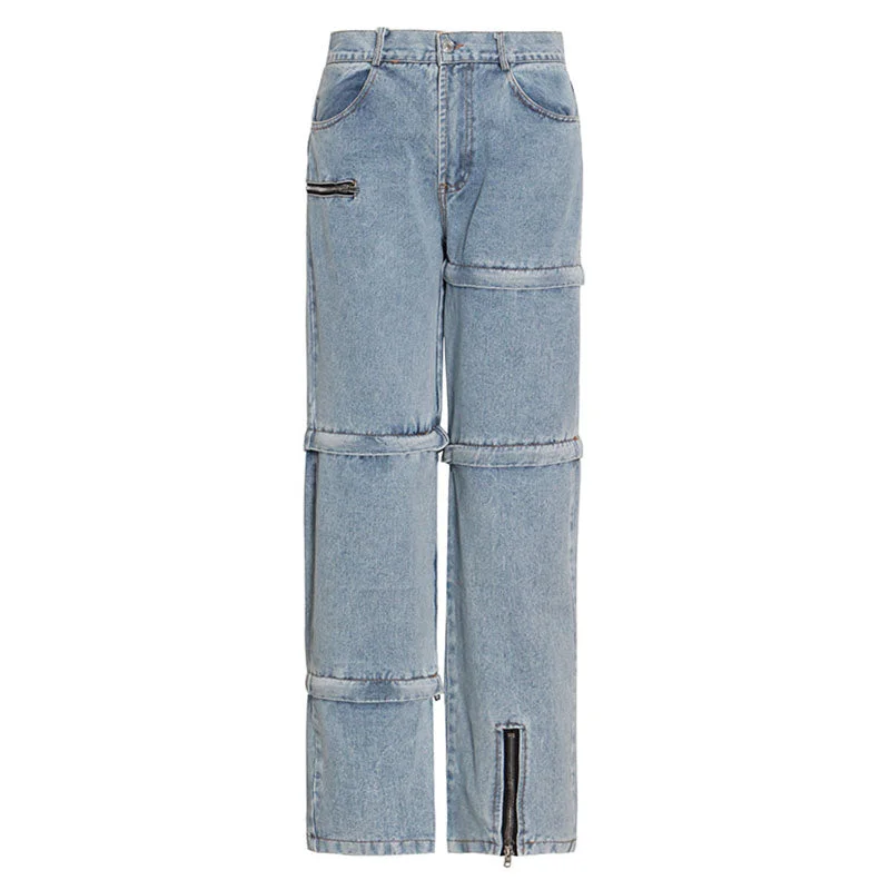 tapered pants for women -Asymmetric Detachable Zip Detail High Waist Straight Leg Jeans