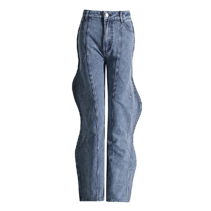 women’s sporty pants -Asymmetric Wave Design High Waist Straight Leg Washed Denim Jeans