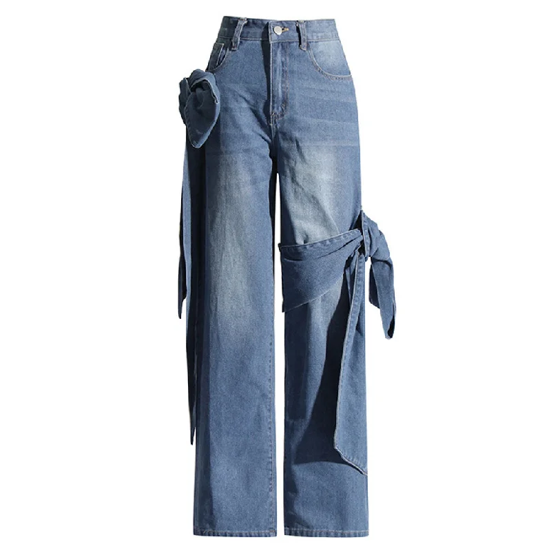 slim-fit trousers for women -Asymmetrical Bowknot Whisker Detail High Waist Straight Leg Jeans