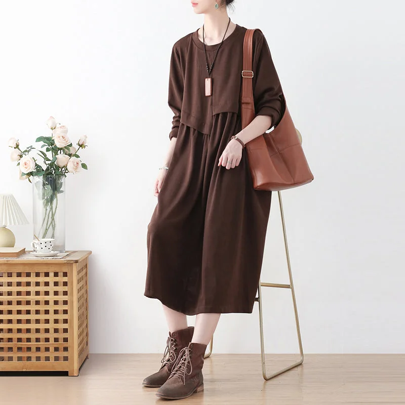 sophisticated evening dresses for women -Autumn A-Line Cotton Solid Patchwork Dress