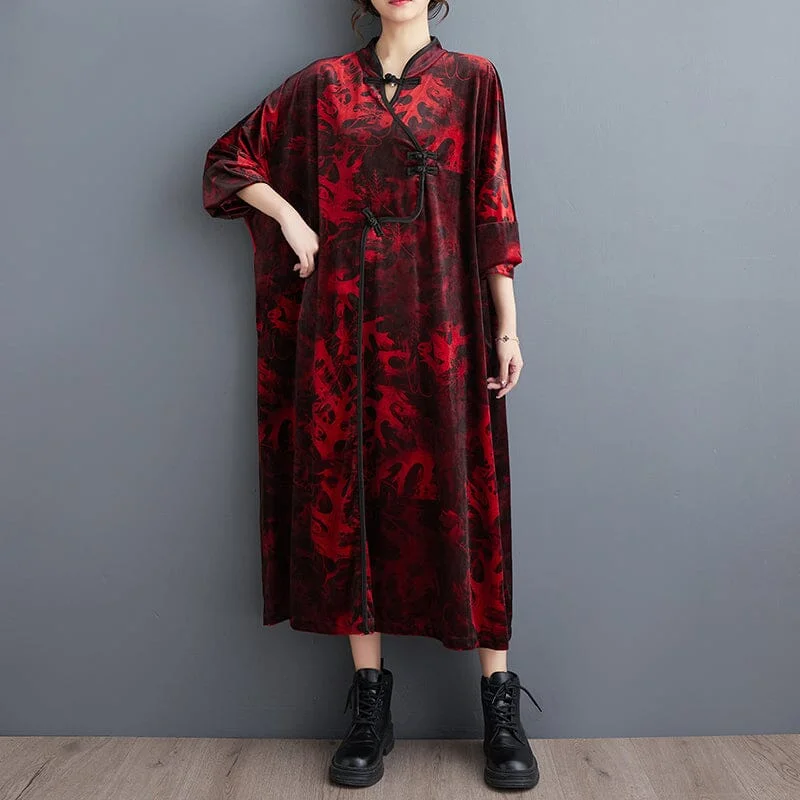 casual cotton maxi dresses for women -Autumn Retro Print Loose Casual Dress