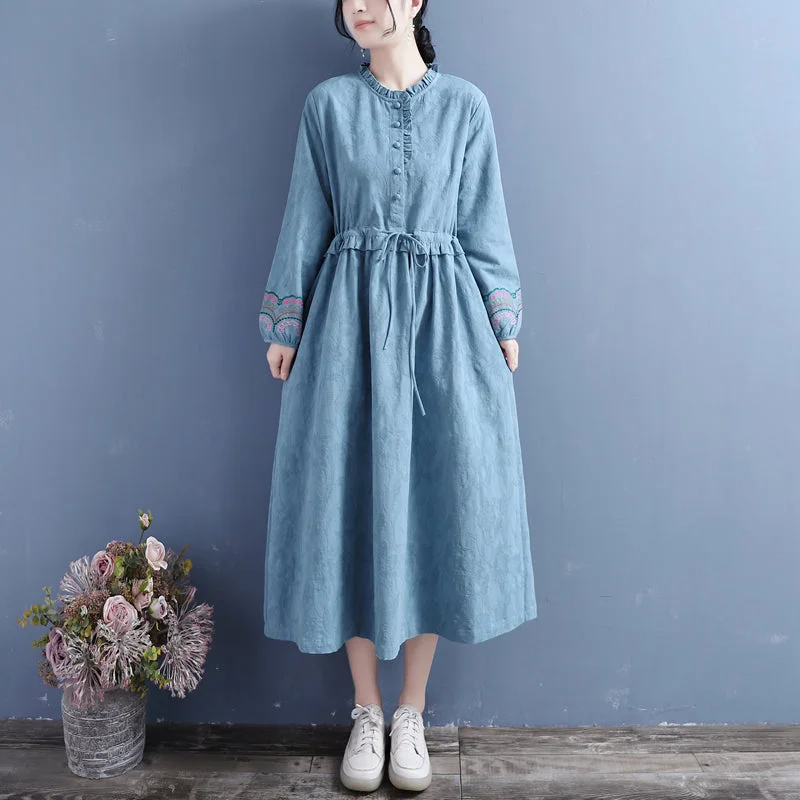 women's summer dresses -Autumn Retro Solid Embroidery Cotton Linen Dress