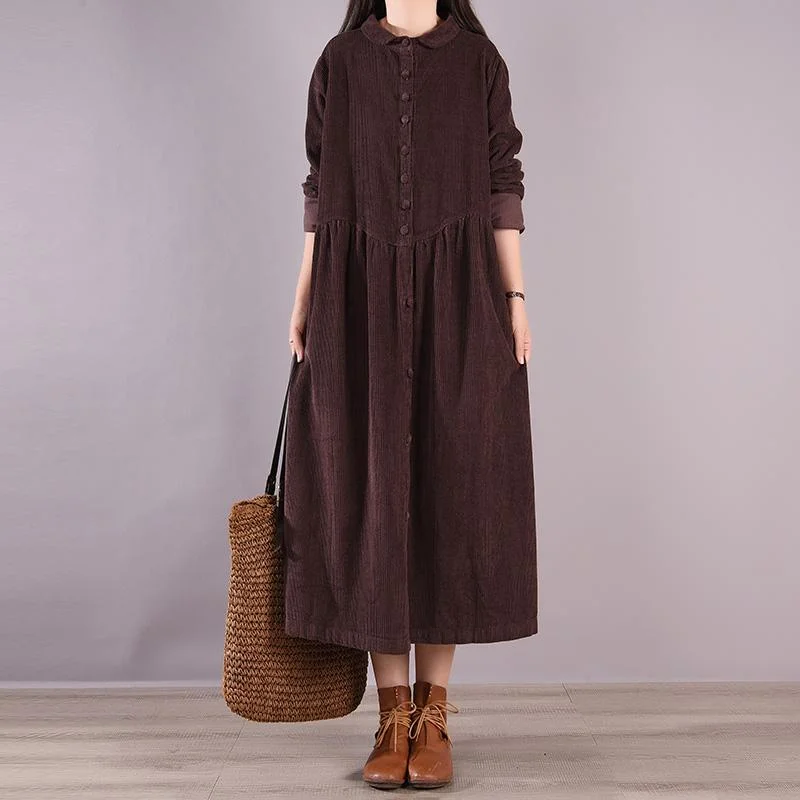 women's boho maxi dresses -Autumn Solid Retro Corduroy Loose Dress