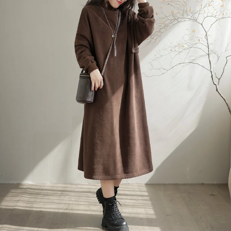 elegant midi dresses for women -Autumn Winter Furred Turtleneck Casual Dress