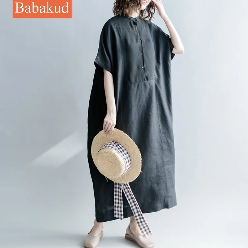 empire waist dresses for women -Babakud Linen Casual Loose Solid Button Front Dress With Pocket