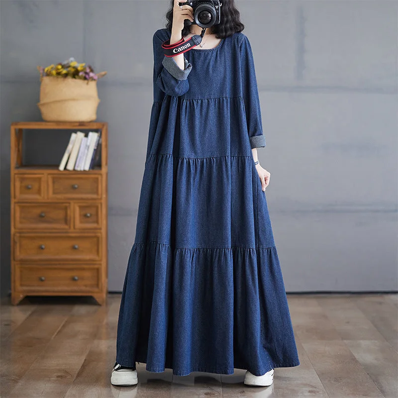 puff sleeve dresses for women -Babakud Women Autumn Retro Casual Loose A- Line Denim Dress