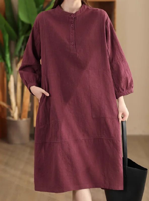 high-low dresses for women -Babakud Women Autumn Retro Cotton Ramie Dress