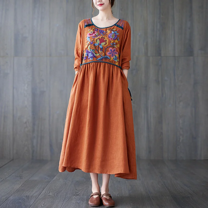 casual denim dresses for women -Babakud Women Autumn Retro Embroidery Cotton Linen Dress