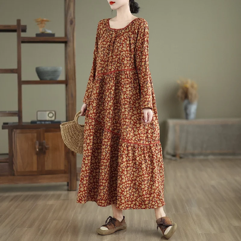 casual t-shirt dresses for women -Babakud Women Autumn Retro Loose Cotton Corduroy Printed Dress