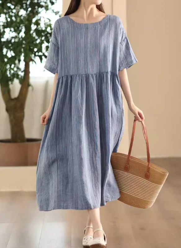 beach dresses for women -Babakud Women Summer Artistic Linen Hemp Striped Dress