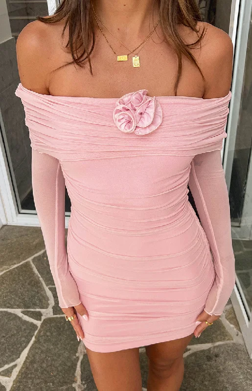 women's lace dresses -Bree Pink Mesh Long Sleeve Mini Dress