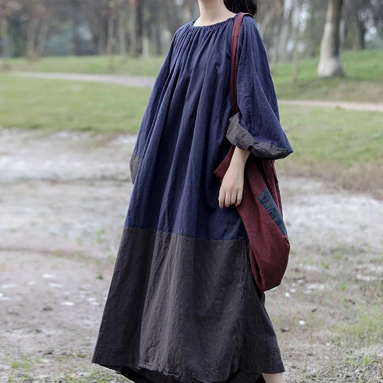 shift-style dresses for women -Casual Puff Sleeves Drawstring Color Block Cotton Linen Dresses