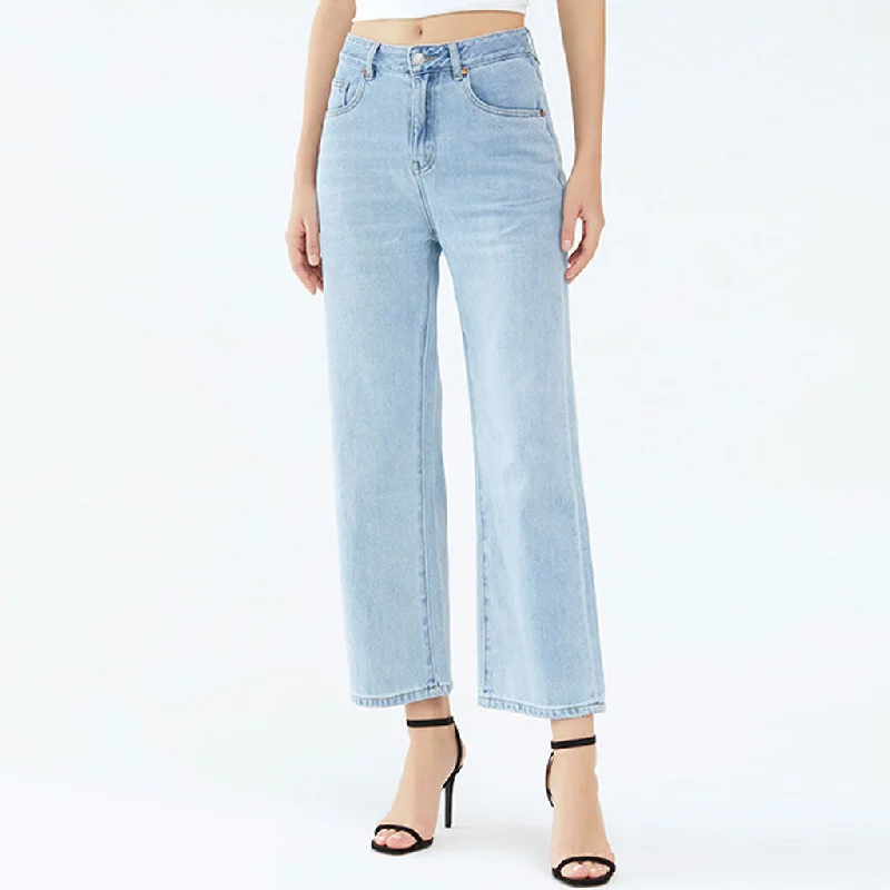 casual stretch pants for women -Chic Mid Waist Ankle Length Faded Wide Leg Jeans - Light Blue