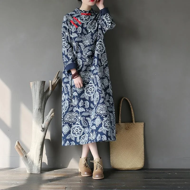 pleated dresses for women -Chinese Style Printed Cotton Linen Dresses