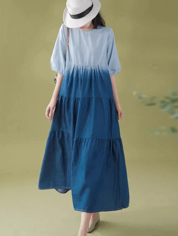 draped chiffon dresses for women -Cotton Round-Collar Loose Blue Dress