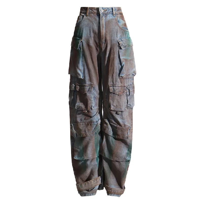 women's formal trousers -Cutting Edge Camouflage Washed High Waist Wide Leg Oversized Cargo Jeans