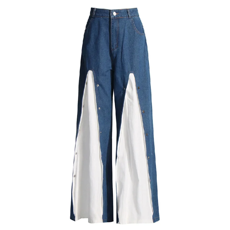 elegant dress pants for women -Deconstructed High Waist Contrast Godet Button Up Wide Leg Denim Jeans